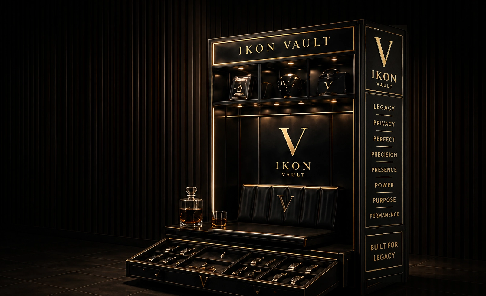 A luxury IKON Vault display with leather seating, precision drawers, and golden lighting
