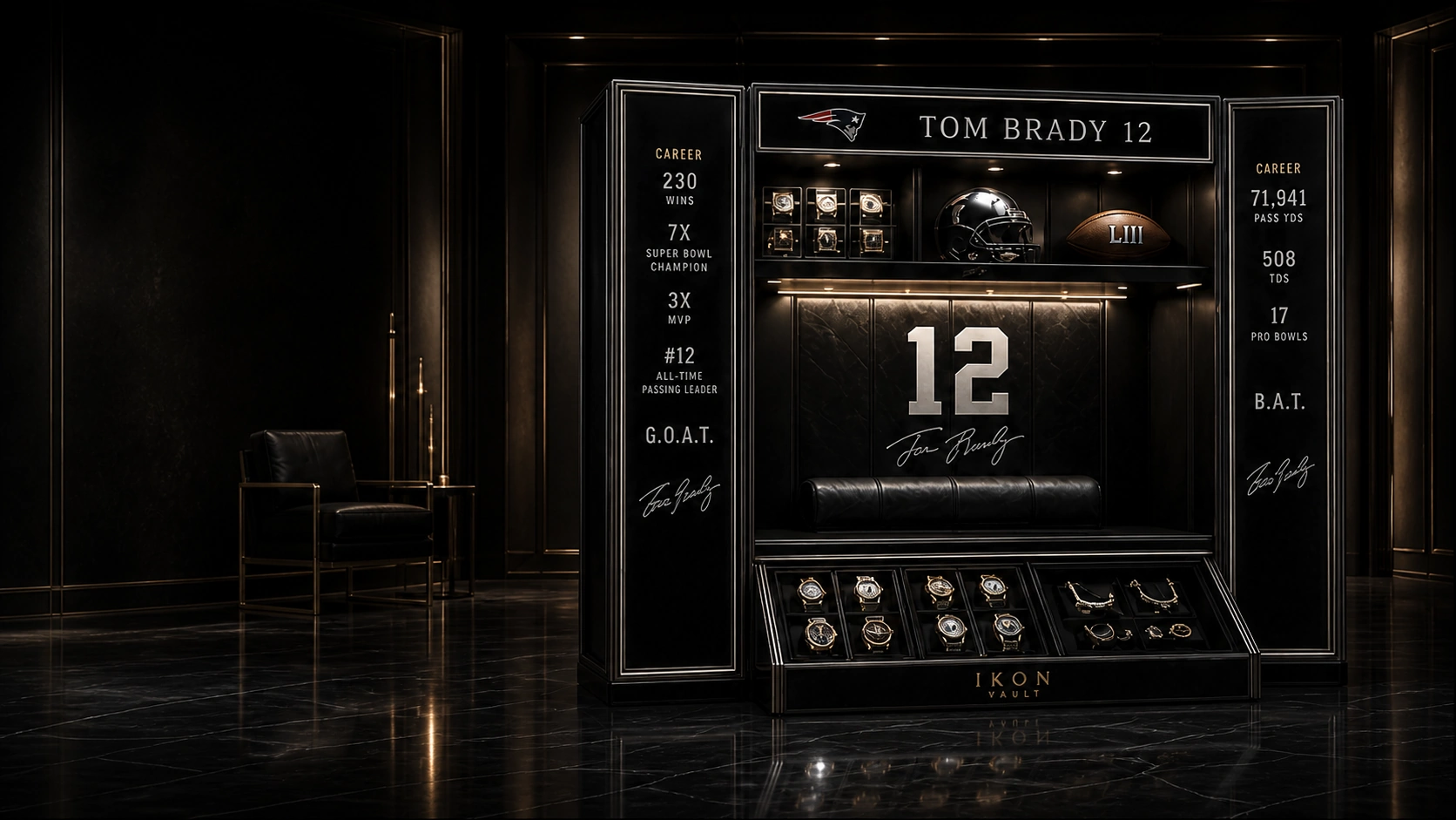 Premium IKON Vault hero display in a black, silver, and gold private collector environment